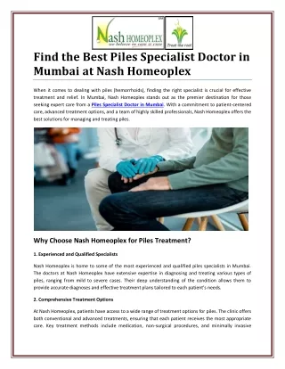 Expert Care from a Piles Specialist Doctor in Mumbai