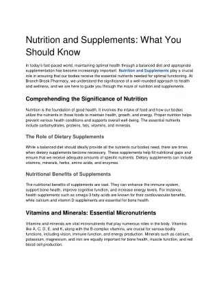 Branch Brook  Nutrition and Supplements;  What You Should Know