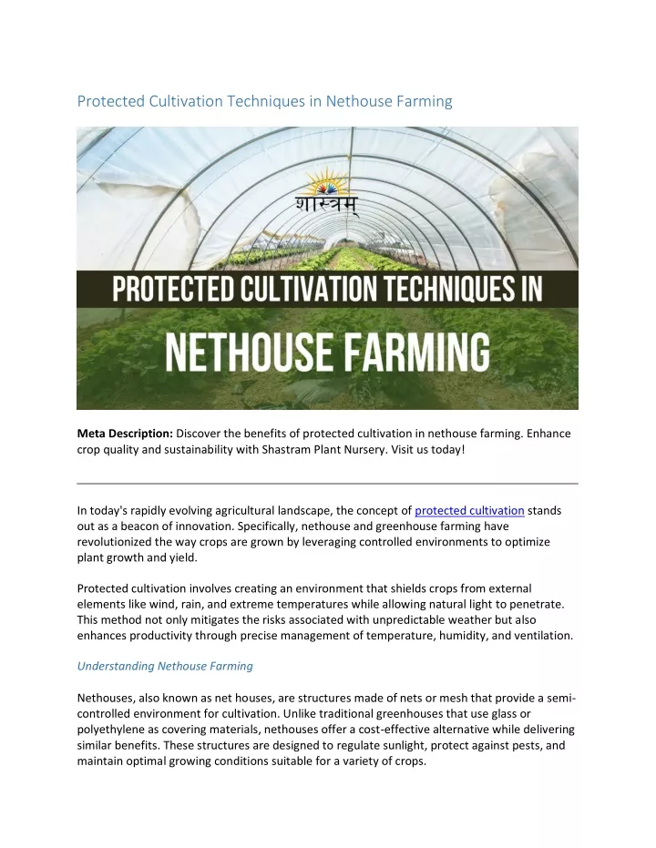 protected cultivation techniques in nethouse