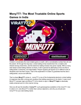Mony777- The Most Trustable Online Sports Games in India