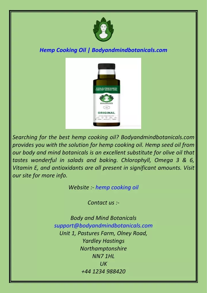 hemp cooking oil bodyandmindbotanicals com