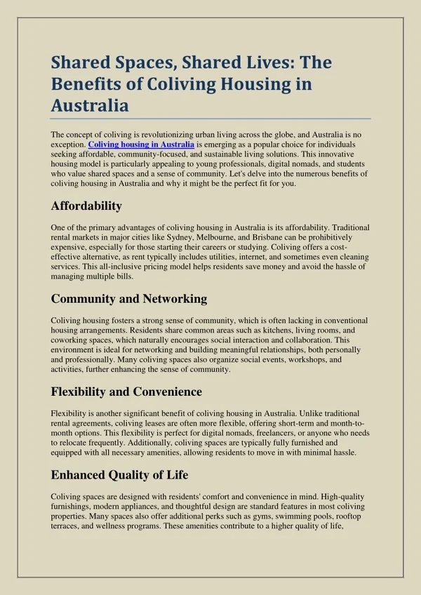 Shared Spaces, Shared Lives: The Benefits of Coliving Housing in Australia