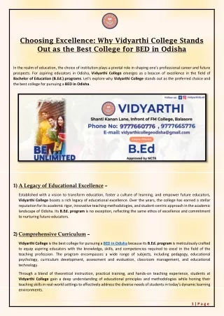 Choosing Excellence- Why Vidyarthi College Stands Out as the Best College for BED in Odisha