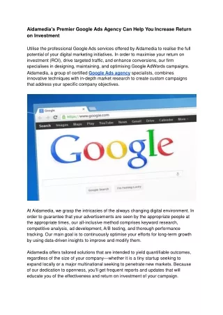 Aidamedia's Premier Google Ads Agency Can Help You Increase Return on Investment