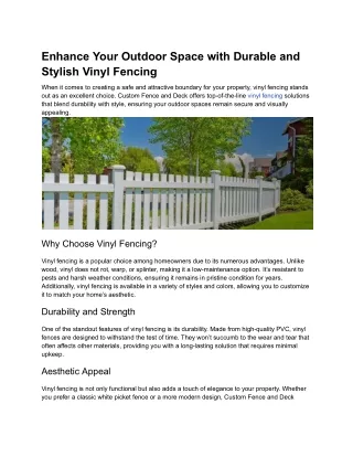 Enhance Your Outdoor Space with Durable and Stylish Vinyl Fencing