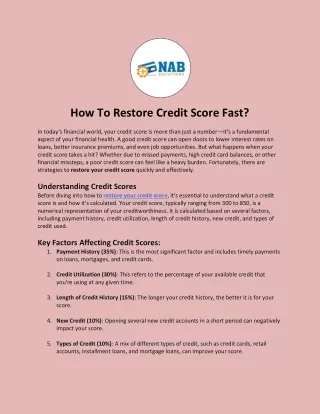 How To Restore Credit Score Fast?