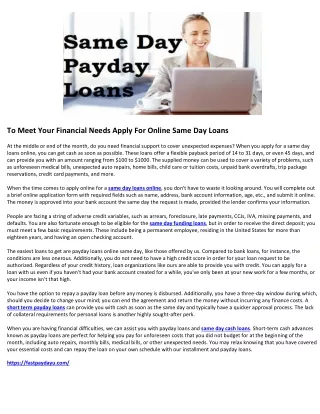 To Meet Your Financial Needs Apply For Online Same Day Loans