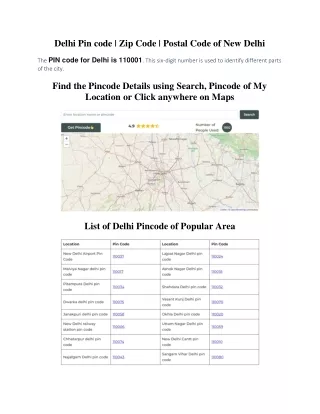 Delhi Pin code | Zip Code | Postal Code of New Delhi
