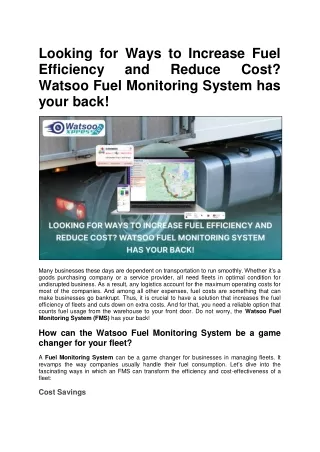 Watsoo Fuel Monitoring System India - Real-Time Monitoring and Preventing Theft