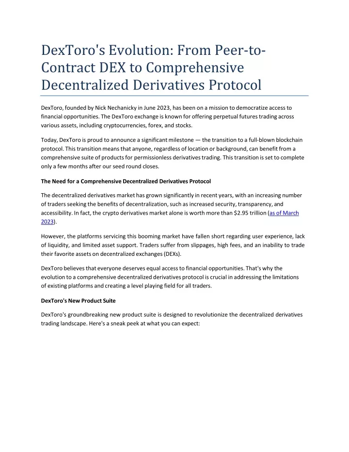 dextoro s evolution from peer to contract dex to comprehensive decentralized derivatives protocol