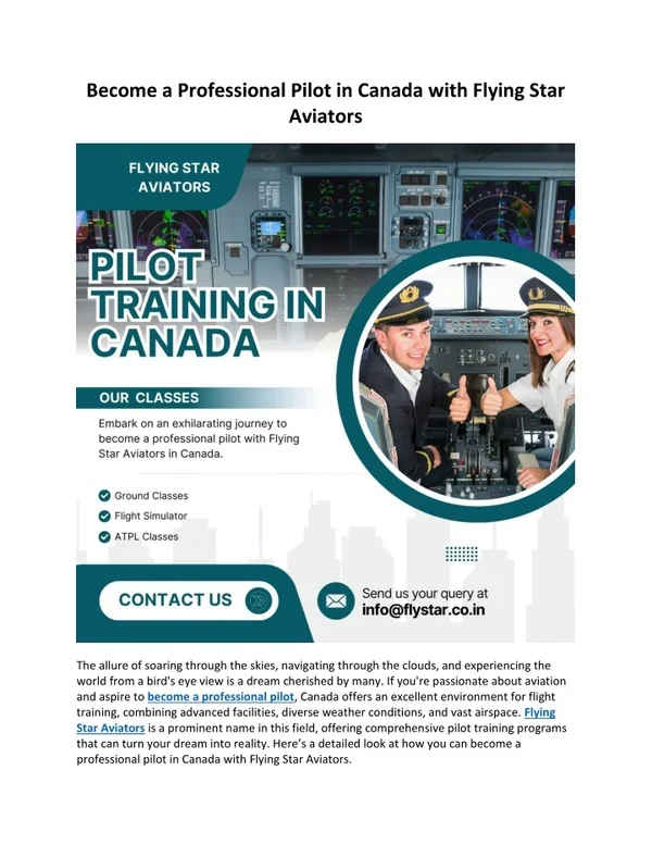 Become a Professional Pilot in Canada with Flying Star Aviators