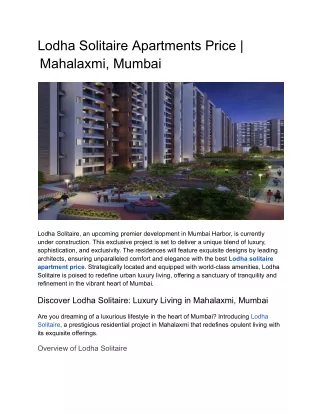 Lodha Solitaire 2, 3, 4 and 5 BHK Luxury Apartments in Mahalaxmi, Mumbai