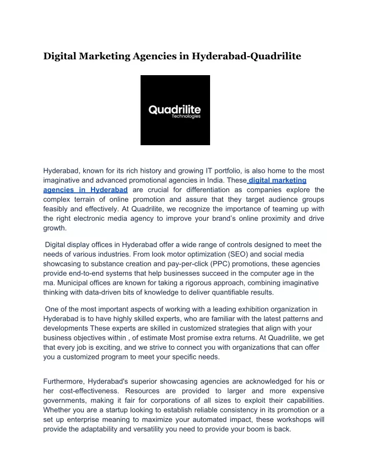 digital marketing agencies in hyderabad quadrilite