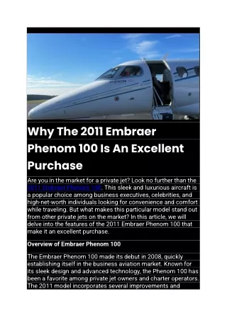 Why The 2011 Embraer Phenom 100 Is An Excellent Purchase