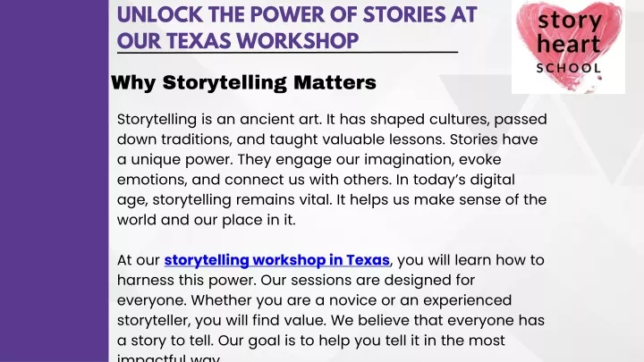 unlock the power of stories at our texas workshop