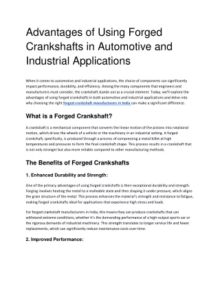 Advantages of Using Forged Crankshafts in Automotive and Industrial Applications