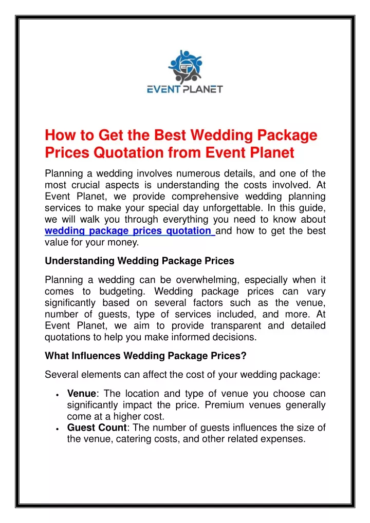 how to get the best wedding package prices quotation from event planet