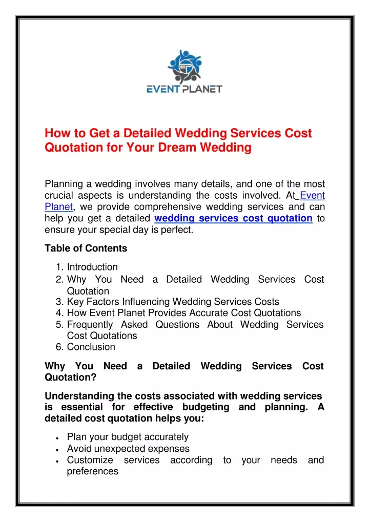 how to get a detailed wedding services cost