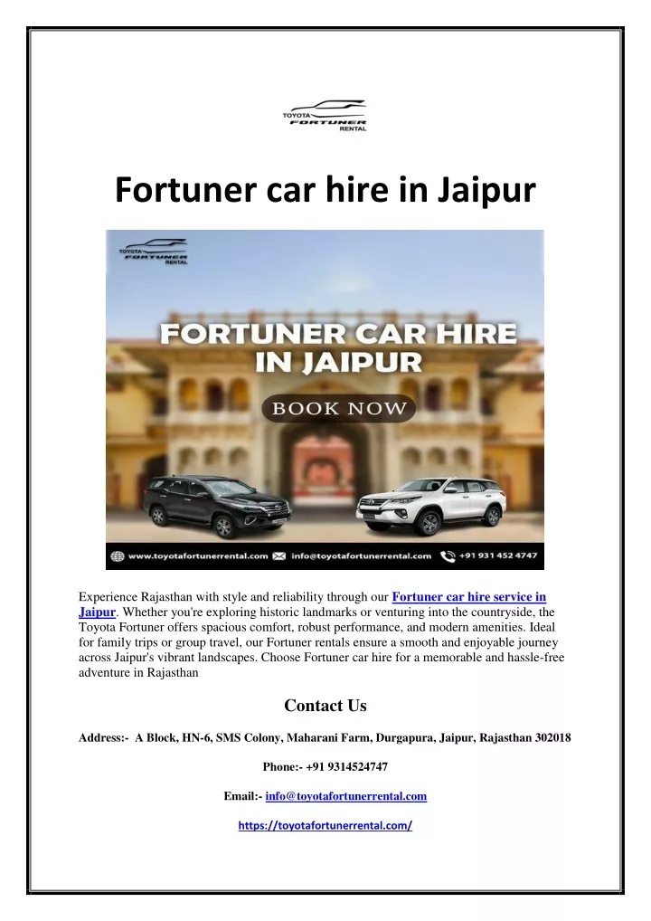 fortuner car hire in jaipur