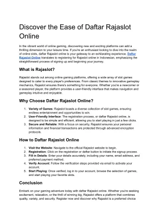 Discover the Ease of Daftar Rajaslot Online