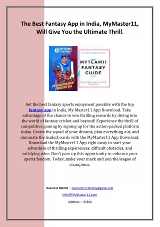 The Best Fantasy App in India, MyMaster11, Will Give You the Ultimate Thrill.