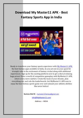 Download My Master11 APK - Best Fantasy Sports App in India