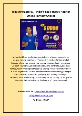 Join MyMaster11 - India's Top Fantasy App for Online Fantasy Cricket