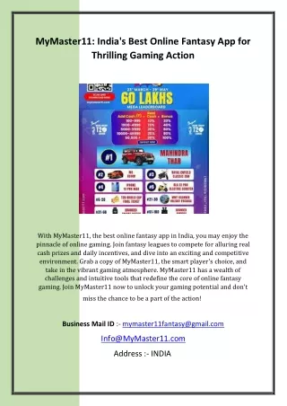 With MyMaster11, the best online fantasy app in India, you may enjoy the pinnacl