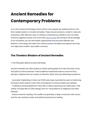 Ancient Remedies for Contemporary Problems