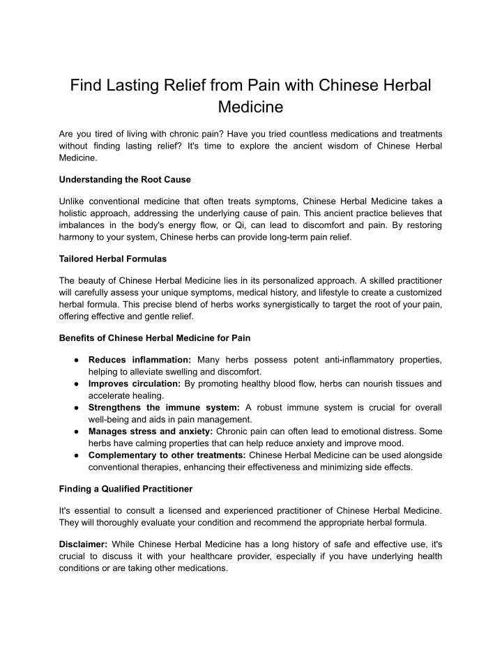 find lasting relief from pain with chinese herbal