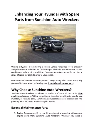 Enhancing Your Hyundai with Spare Parts from Sunshine Auto Wreckers