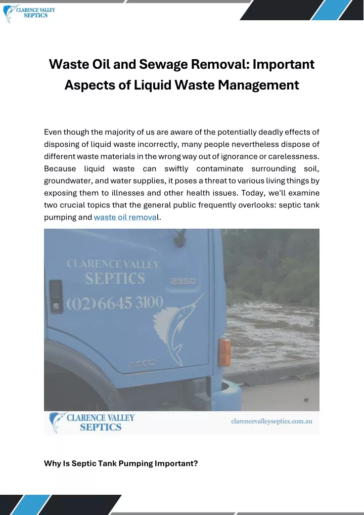 waste oil and sewage removal important aspects