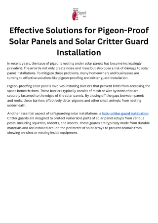 Effective Solutions for Pigeon-Proof Solar Panels and Solar Critter Guard Installation