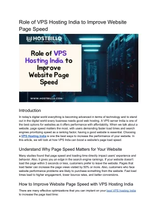 Role of VPS Hosting India to Improve Website Page Speed