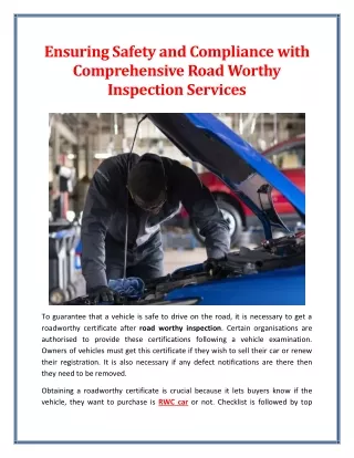 Ensuring Safety and Compliance with Comprehensive Road Worthy Inspection Services