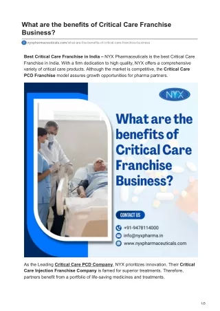 What are the benefits of Critical Care Franchise Business?