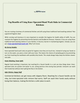 Top Benefits of Using Knee Operated Hand Wash Sinks in Commercial Kitchens