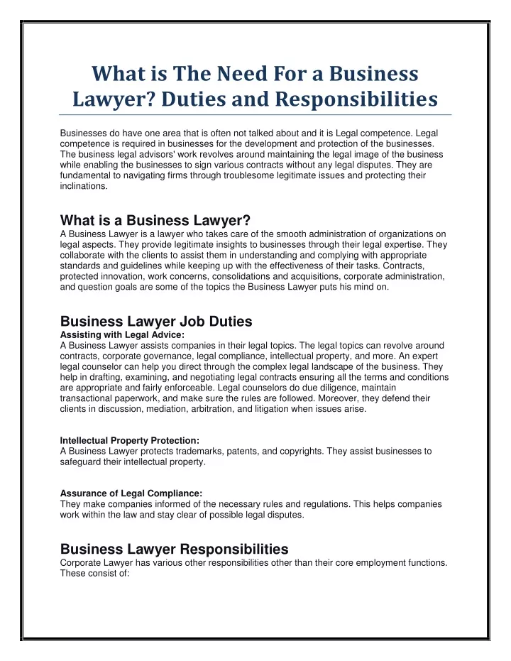 what is the need for a business lawyer duties