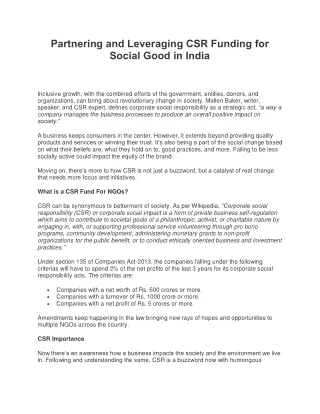 Partnering and Leveraging CSR Funding for Social Good in India