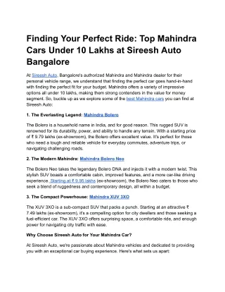 Finding Your Perfect Ride_ Top Mahindra Cars Under 10 Lakhs at Sireesh Auto Bangalore