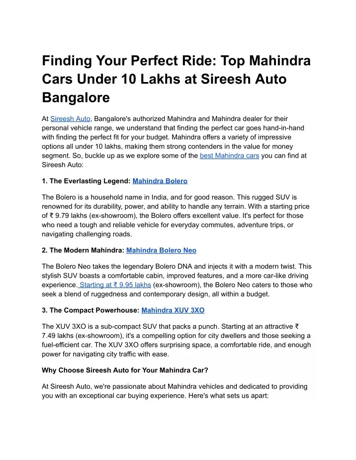 finding your perfect ride top mahindra cars under