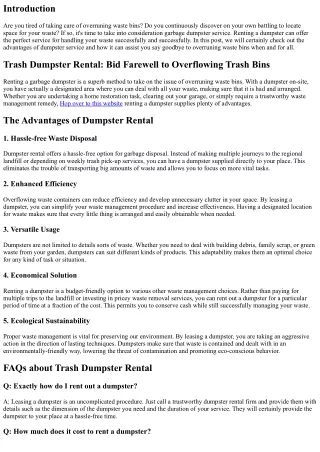 Garbage Dumpster Rental: Bid Farewell to Overflowing Garbage Bins