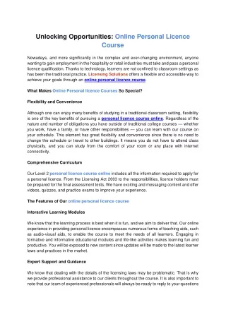Unlocking Opportunities Online Personal Licence Course