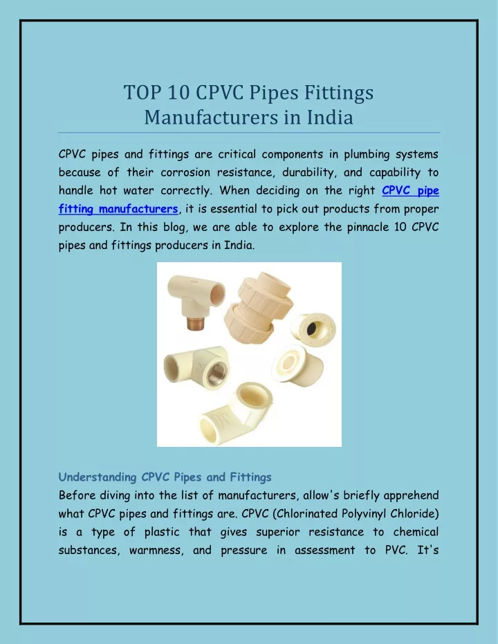 top 10 cpvc pipes fittings manufacturers in india