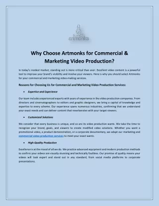 Why Choose Artmonks for Commercial & Marketing Video Production?