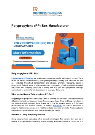 Polypropylene (PP) Box Manufacturer - Brothers Packaging