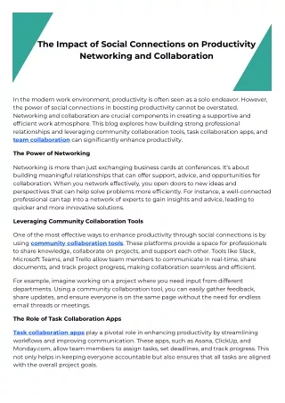 The Impact of Social Connections on Productivity: Networking and Collaboration
