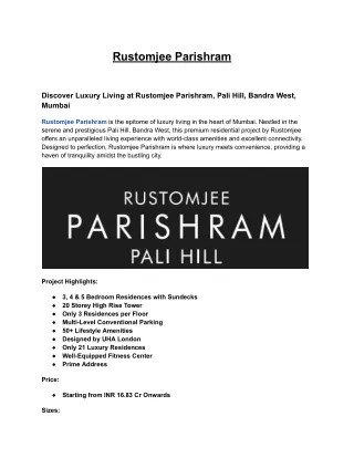 Rustomjee Parishram Luxury Apartments for Sale in Pali Hill, Bandra (W), Mumbai