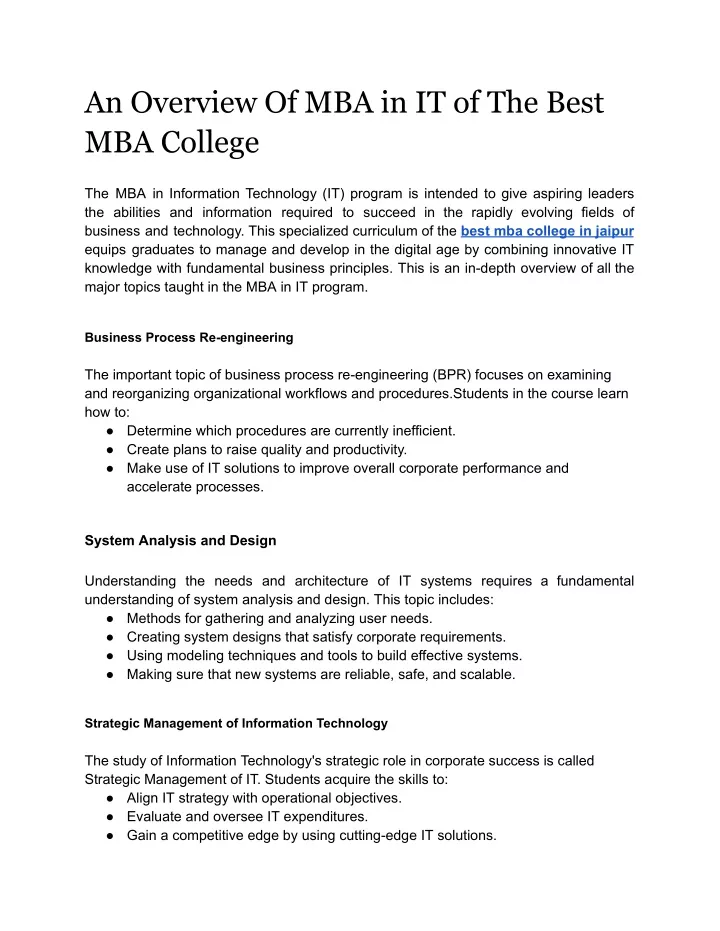 an overview of mba in it of the best mba college