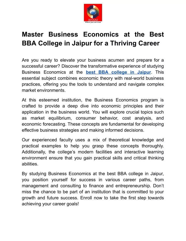 master business economics at the best bba college